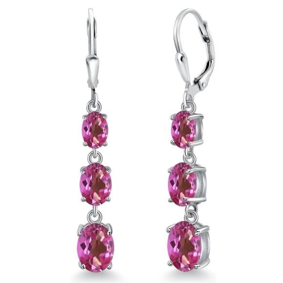 925 Sterling Silver with 5.20 Cttw 3 Stone Pink Mystic Topaz Leverback Earrings